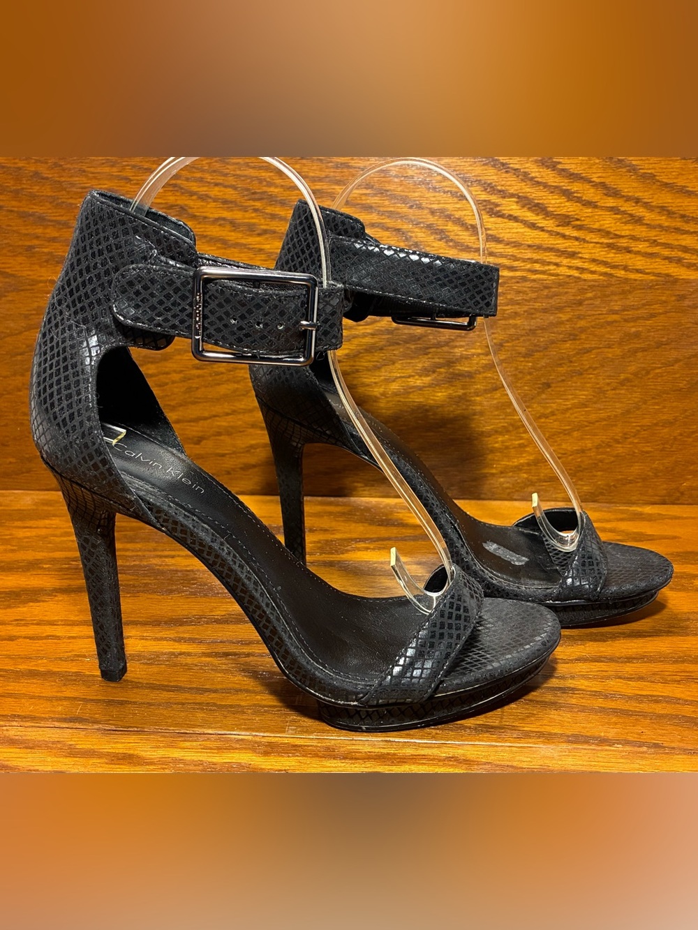 Calvin Klein Snakeskin Embossed Ankle Strap Platform Stiletto Heels Black Size 6